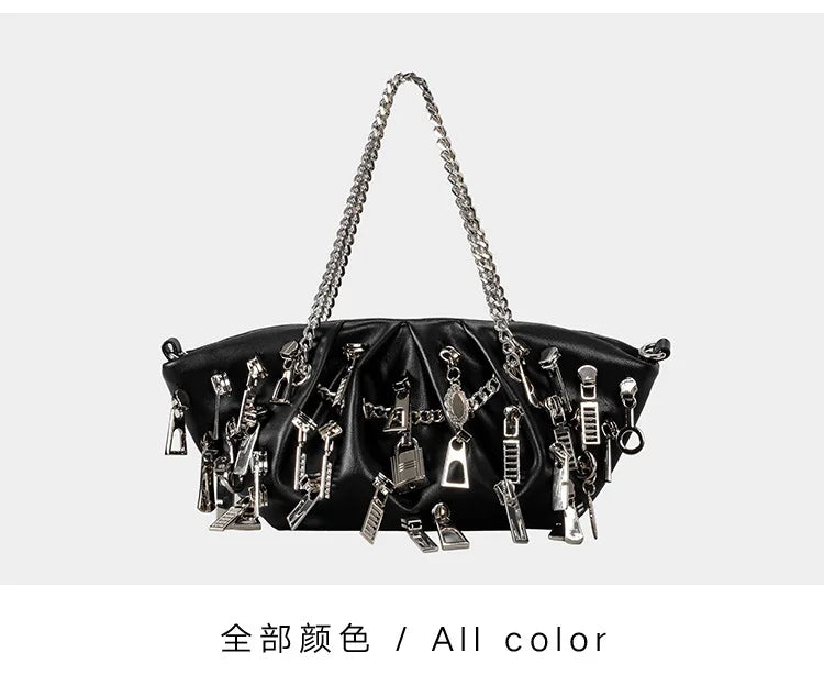Borsa per ascelle con gnocchi increspato stile punk 2025 Borse a tracolla da donna con decorazione per la testa con cerniera multipla Borse Y2K per ragazza piccante