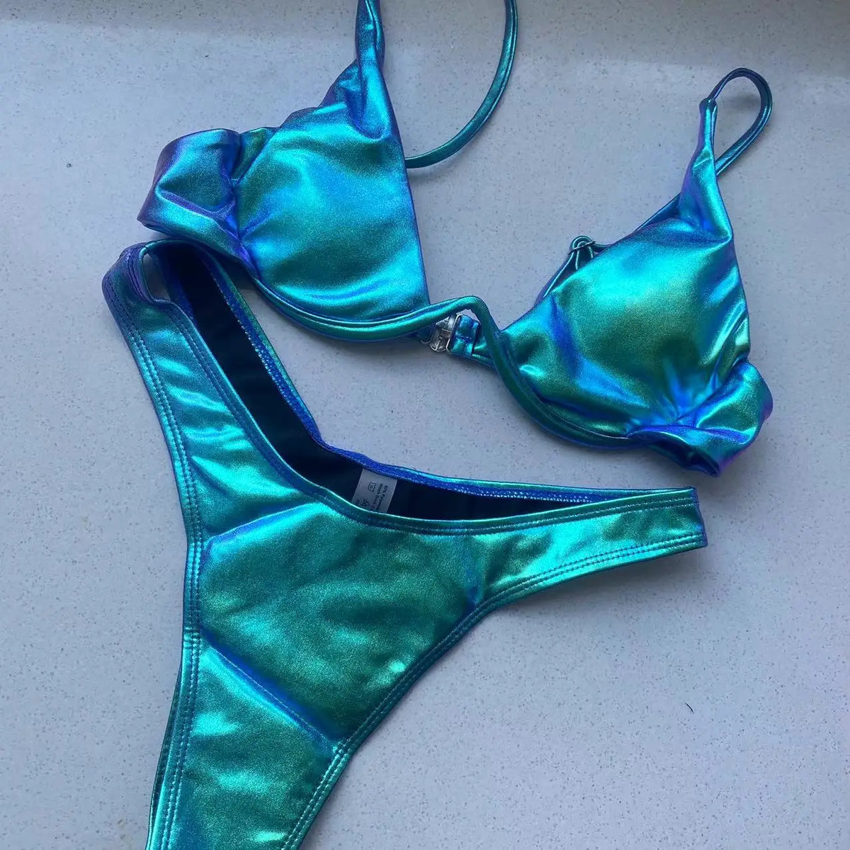 Maillot de bain bikini triangle sexy 2022 holographique bleu push up string extrême brésilien bandage maillot de bain micro bikini