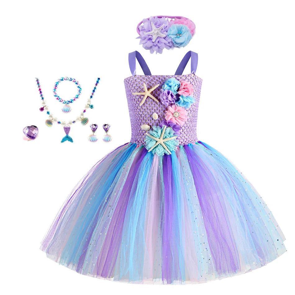 Abito tutù a sirena per ragazze sotto il mare Costumi di carnevale per feste di compleanno a tema con fascia per fiori Abiti per Halloween oceano 1-12 anni