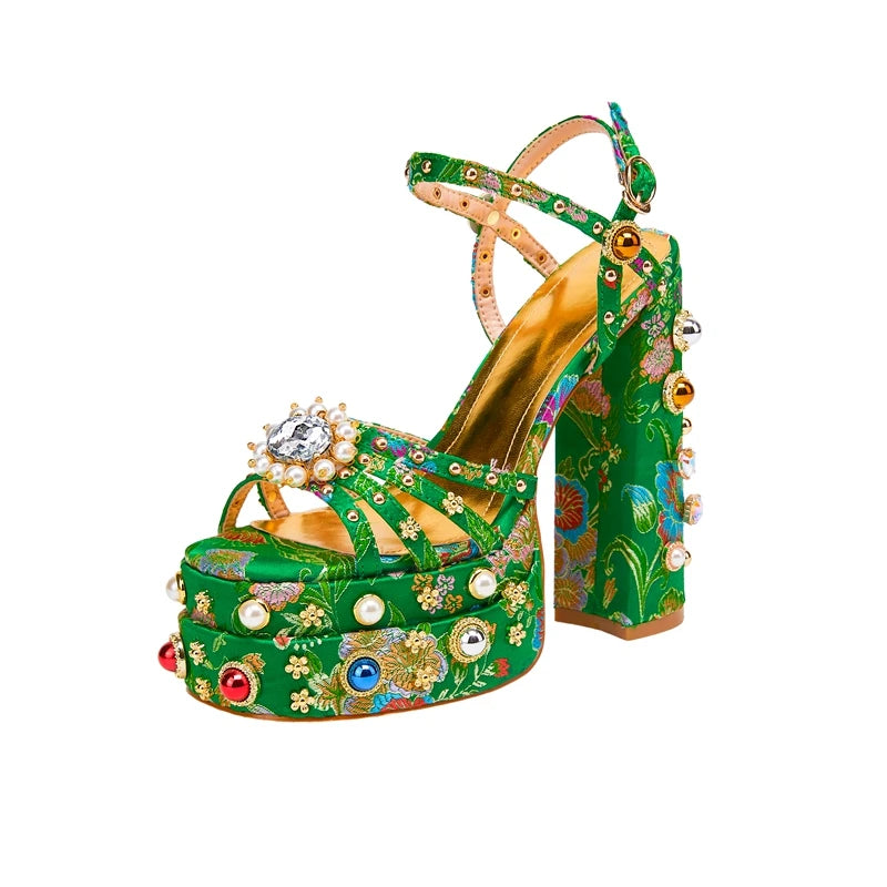 Neue Damen Sommer Plateau Sandalen wasserdicht dicker Boden Wasser Diamant Perle Niete Blume Satin offene Spitze High Heels groß