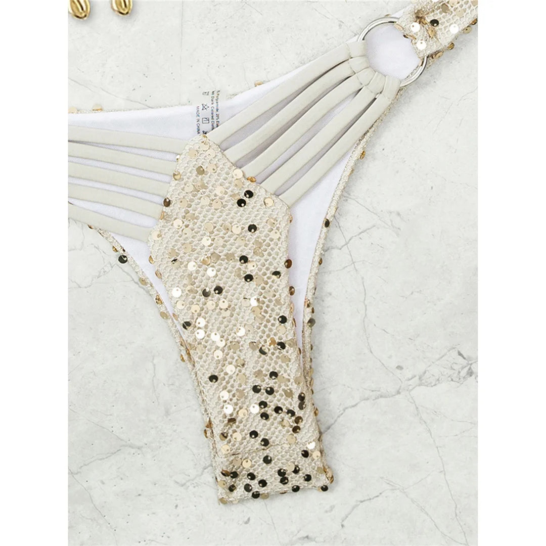 Paillettes lucide Halter Bikini Costume da bagno femminile Costumi da bagno donna Bikini a due pezzi Costume da bagno brasiliano imbottito Costume da bagno Swim V7619