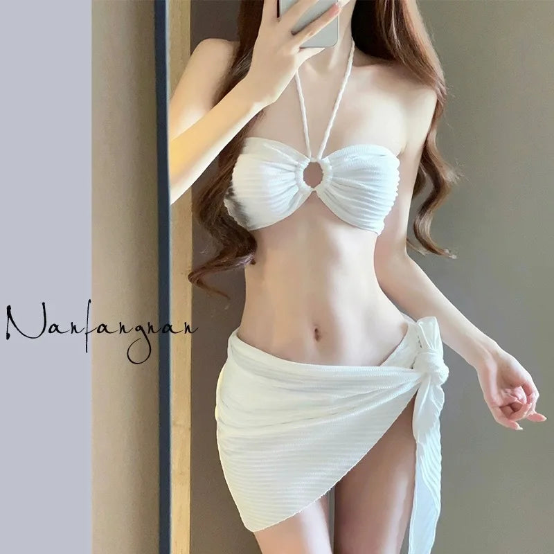 Maillot de bain bikini de couleur unie pour femme, ensemble trois pièces, natation, sports aquatiques, triangle, sexy, haut de gamme, sources chaudes