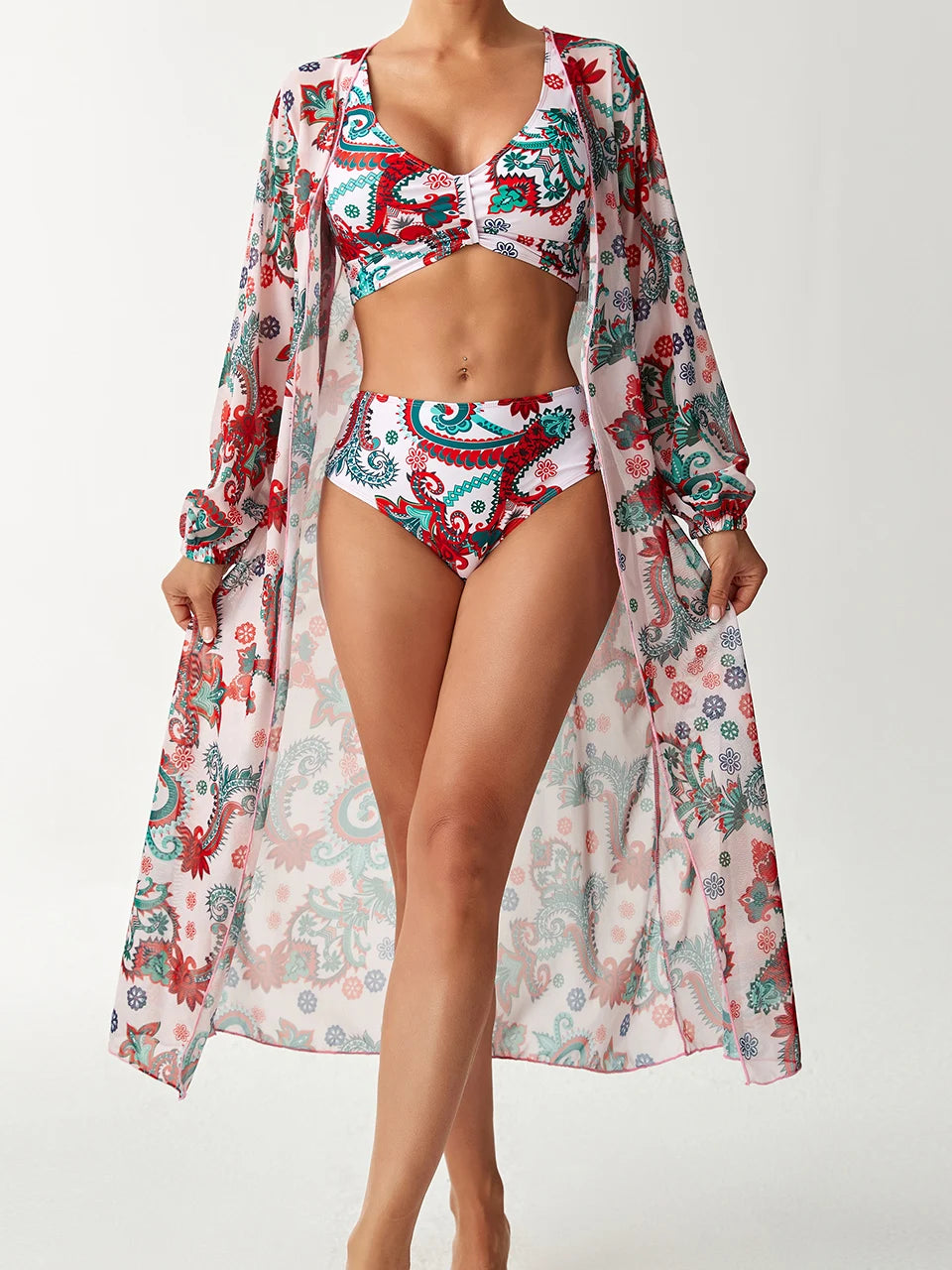 3-teiliger High-Waist-Bikini mit Kimono, Bademode 2026, bedruckter Damen-Badeanzug, weibliche Badende, Badebekleidung, Schwimmanzug, Strandbekleidung