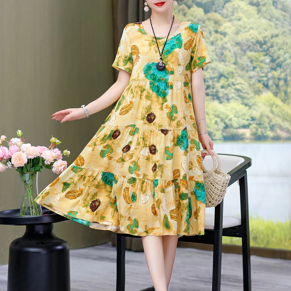 Nuovo Vestito Delle Donne di Estate Vestito Estivo 2024 Casual abito a maniche corte Abiti Femminili O-Collo Robe Abiti della Boemia di Grandi Dimensioni