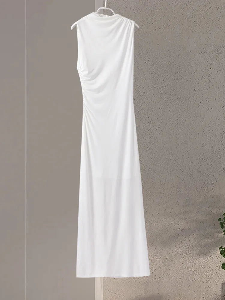 Abito da donna solido pieghettato O collo Slim Hip Package abiti lunghi da donna 2024 moda senza maniche Summer Evening Party abito femminile