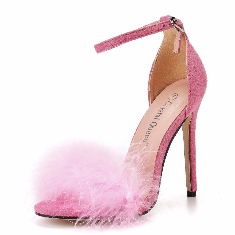 Sexy Feather High Heel Sandals Women's European American Large 46 Fish Mouth High Heel Sandals Women Shallow Mouth Women's Shoe