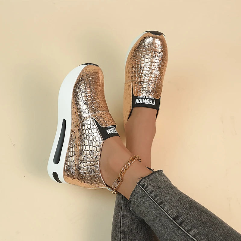 Patent Leather Wedge Loafers Shoes for Women New Height Increasing Platform Sneakers Woman Lightweight Slip On Casual Shoes