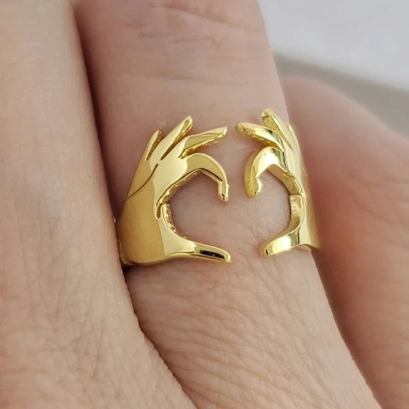 Huitan Double Hand Heart Love Coppia Anelli Anelli di apertura regolabili alla moda per donne/uomini Hug Hands Design Gioielli alla moda