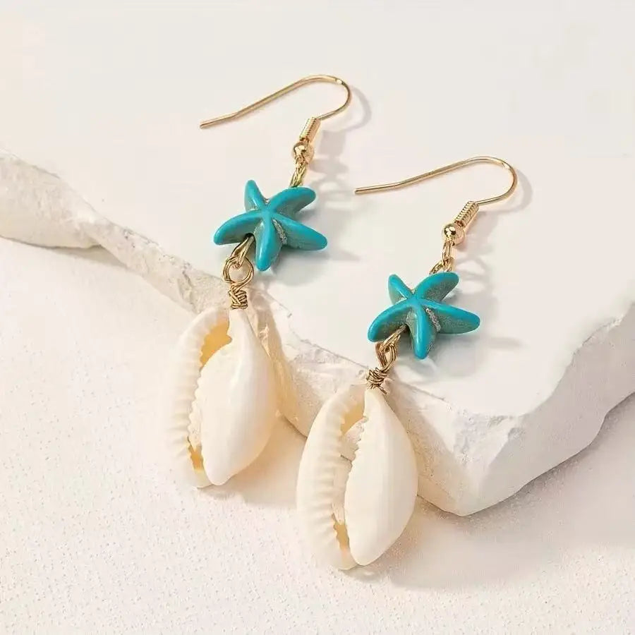 2 Orecchini da Donna di Lusso con Zirconi a Forma di Stella Marina e Conchiglia, Orecchini Semplici a Fiore e Foglia con Perle Imitazione, Gioielli per Feste e Matrimoni