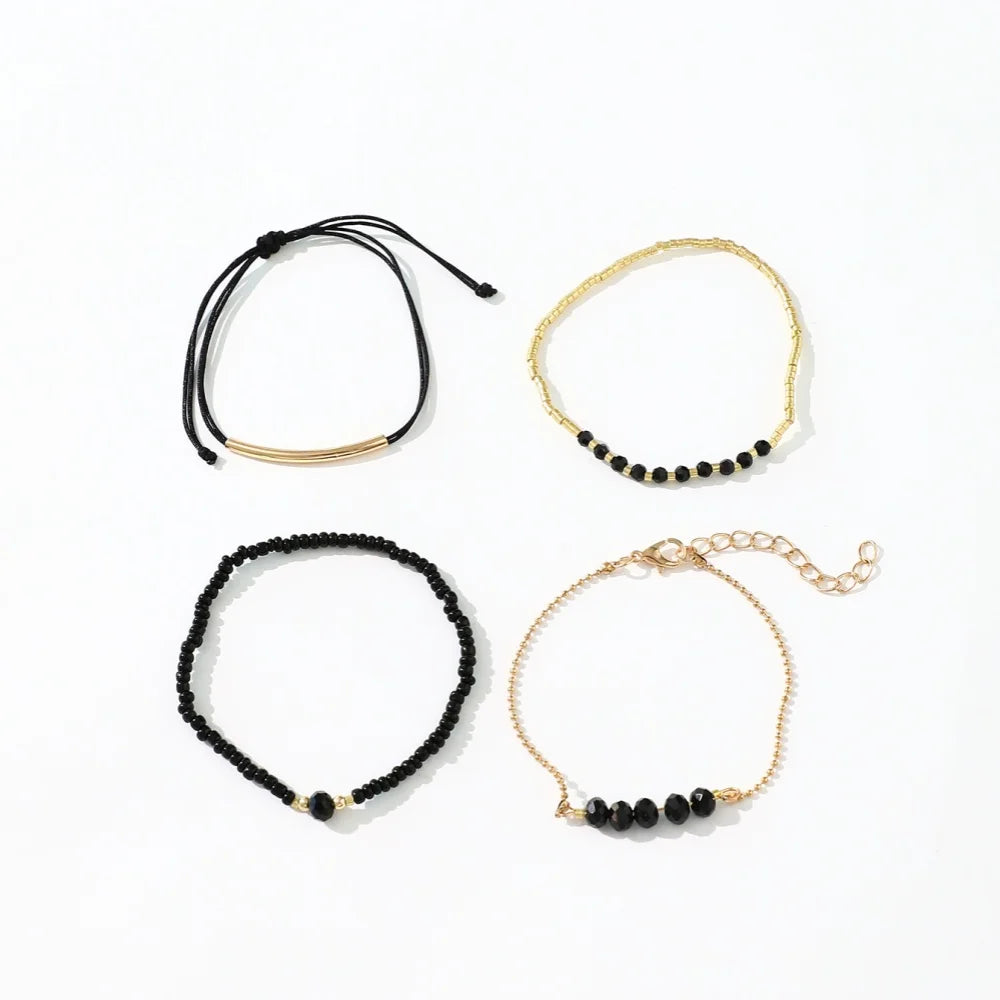 4 pièces/ensemble, bracelets tendance en pierre de verre noire pour femmes, bijoux bohèmes faits à la main