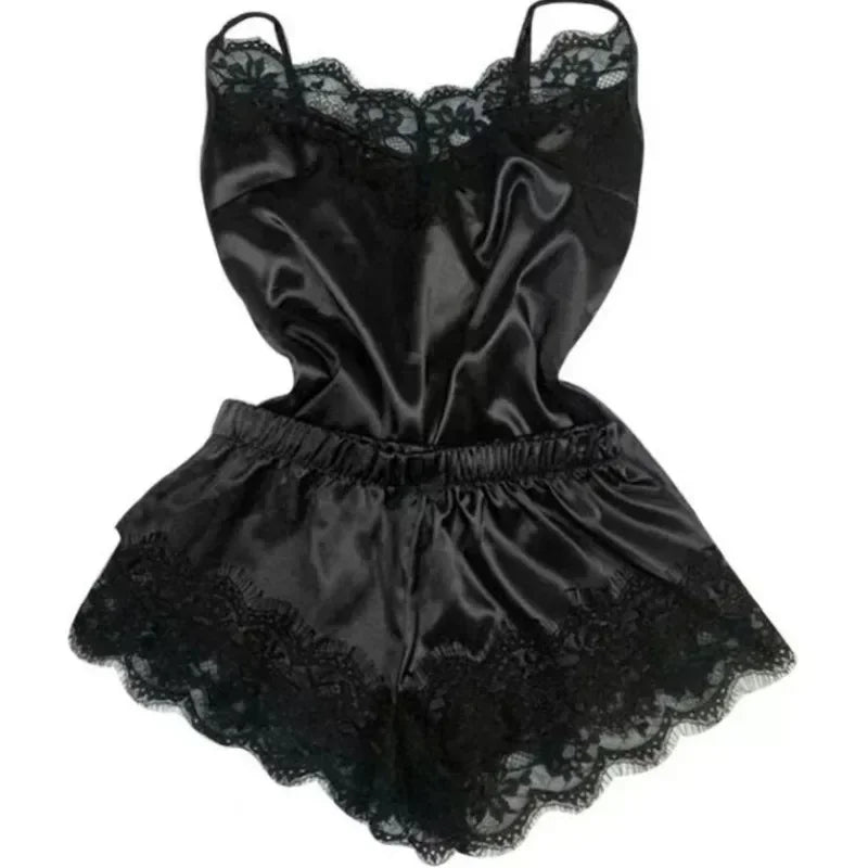 Sommer Spitzen Seide Pyjama Set für Frauen Schlafanzug Sexy Dessous Cami Top und Shorts Sets Bequeme Freizeit Pijamas