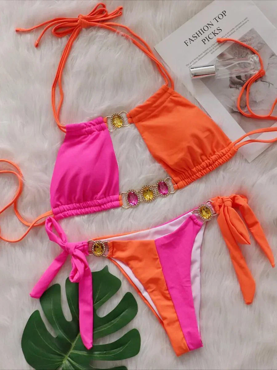 Bikini Leopardato con Strass 2026, Costume da Bagno Donna Scavato, Perizoma Femminile, Set Bikini con Diamanti, Halter