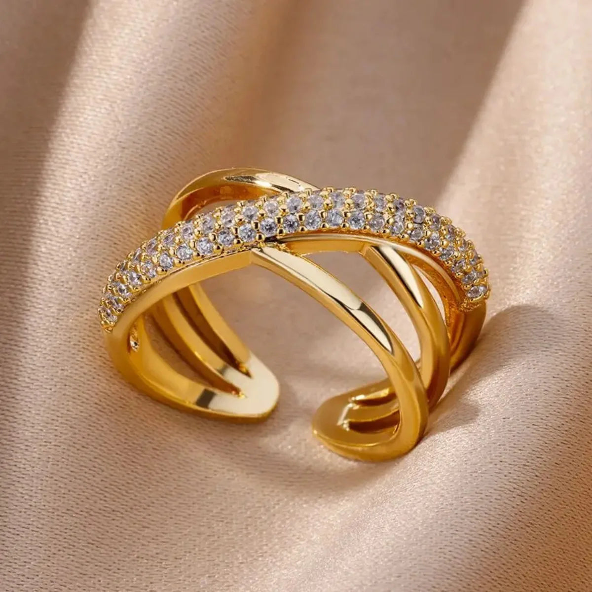 Anelli a forma doppia incrociata con zirconi per donna Anello croce in acciaio inossidabile placcato oro Anelli per coppie di nozze di lusso Gioielli estetici