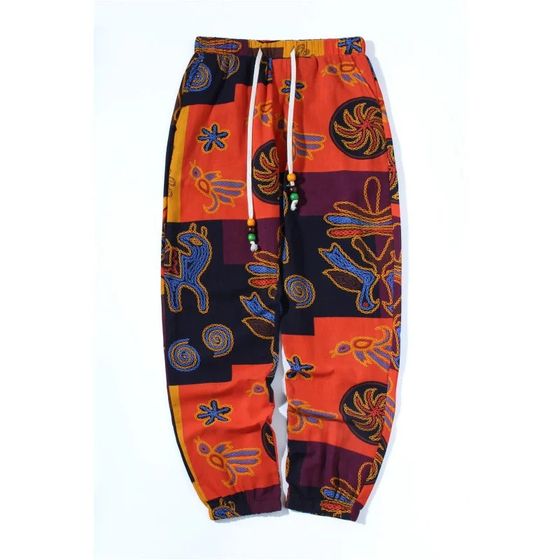Pantaloni da uomo in lino elasticizzato con stampa tribale Boho Pantaloni leggeri con coulisse in misto cotone con tasche Pantaloni da jogging estivi