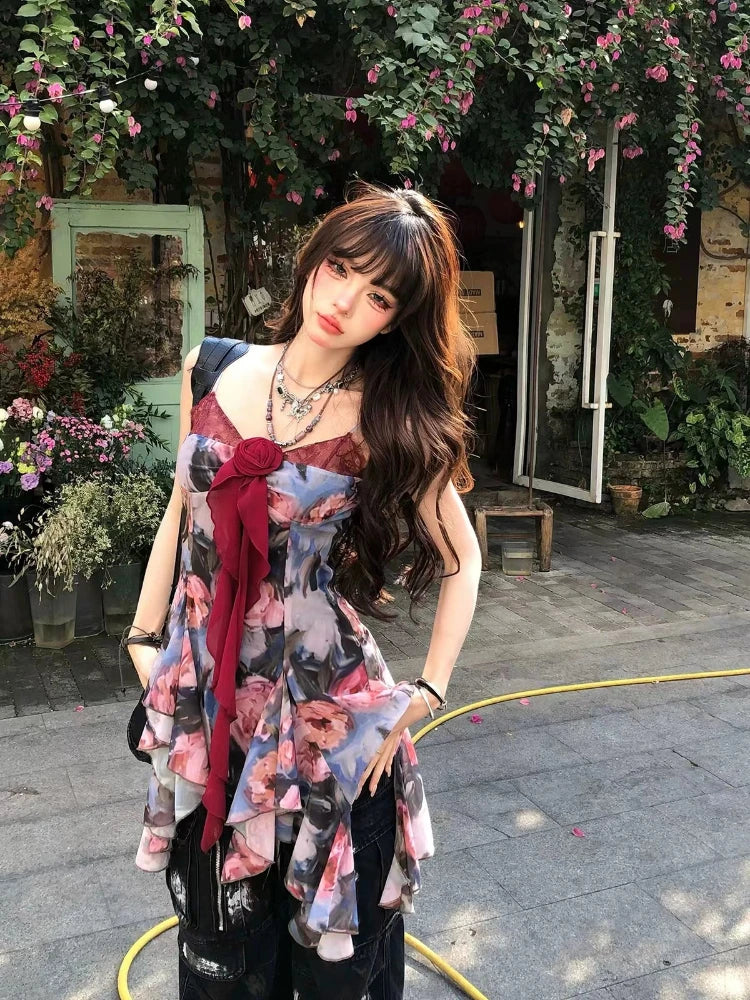 Camisole asymétrique à volants en dentelle style vintage été pour femme, esthétique Coquette années 2000, hauts courts sexy style Gyaru Y2k