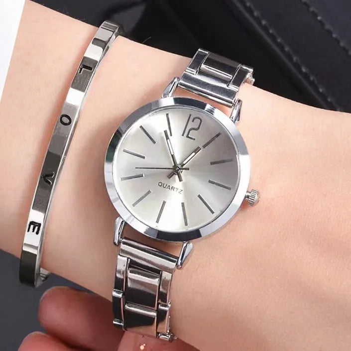 Set da 2 pezzi orologio da donna di lusso quadrante semplice cinturino cavo moda braccialetto in oro orologio da polso al quarzo orologi da donna per studenti Reloj Mujer