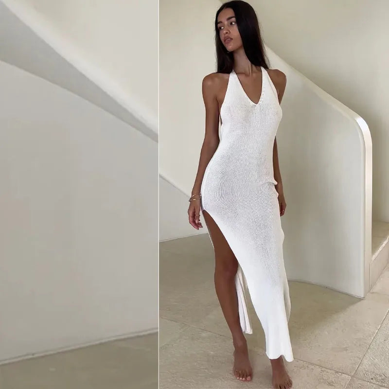 Robe de plage d'été fendue, couleur unie, robe de vacances, sexy, en maille, dos nu, robe licou, élégante, sans manches, moulante, à nouer