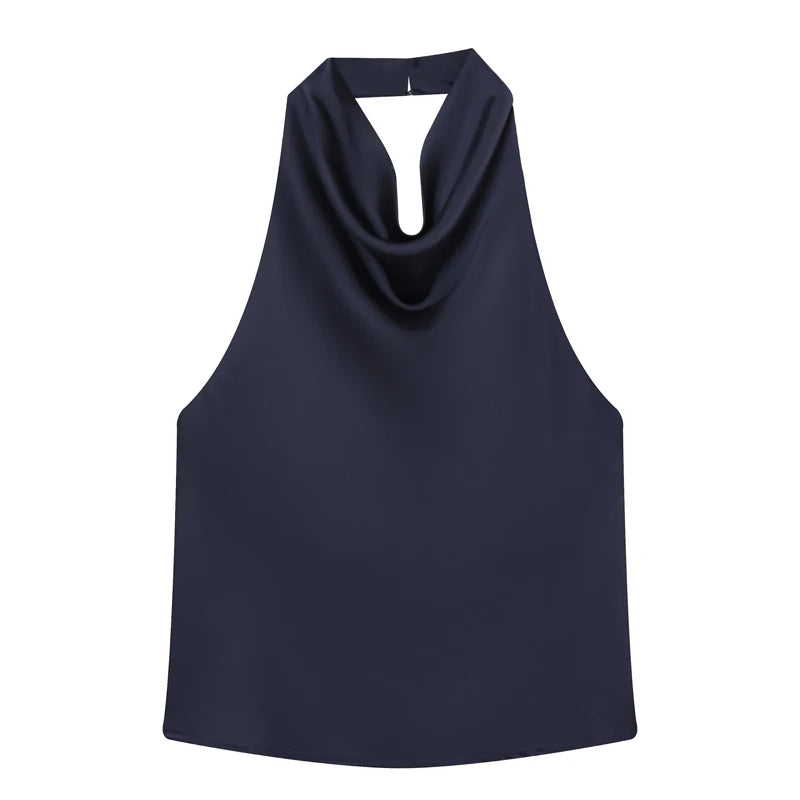 Hauts Femme Sexy Top Satin Licou Femme Mode Solide Élégant Gilet Dos Nu 2026 Nouvel Été Épaules Dénudées Caraco Femme