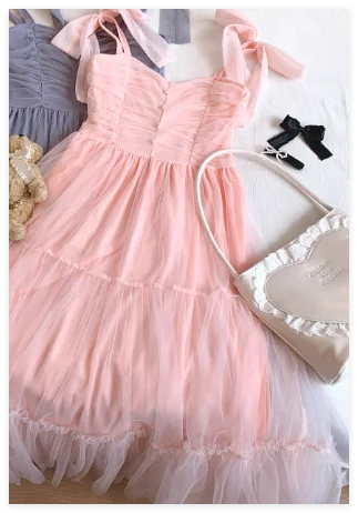 Abiti da donna di nicchia in stile giapponese Primavera Estate Autunno Ragazza Dolce fiocco Abito in rete Lolita Abito lungo con bretelle da fata carina