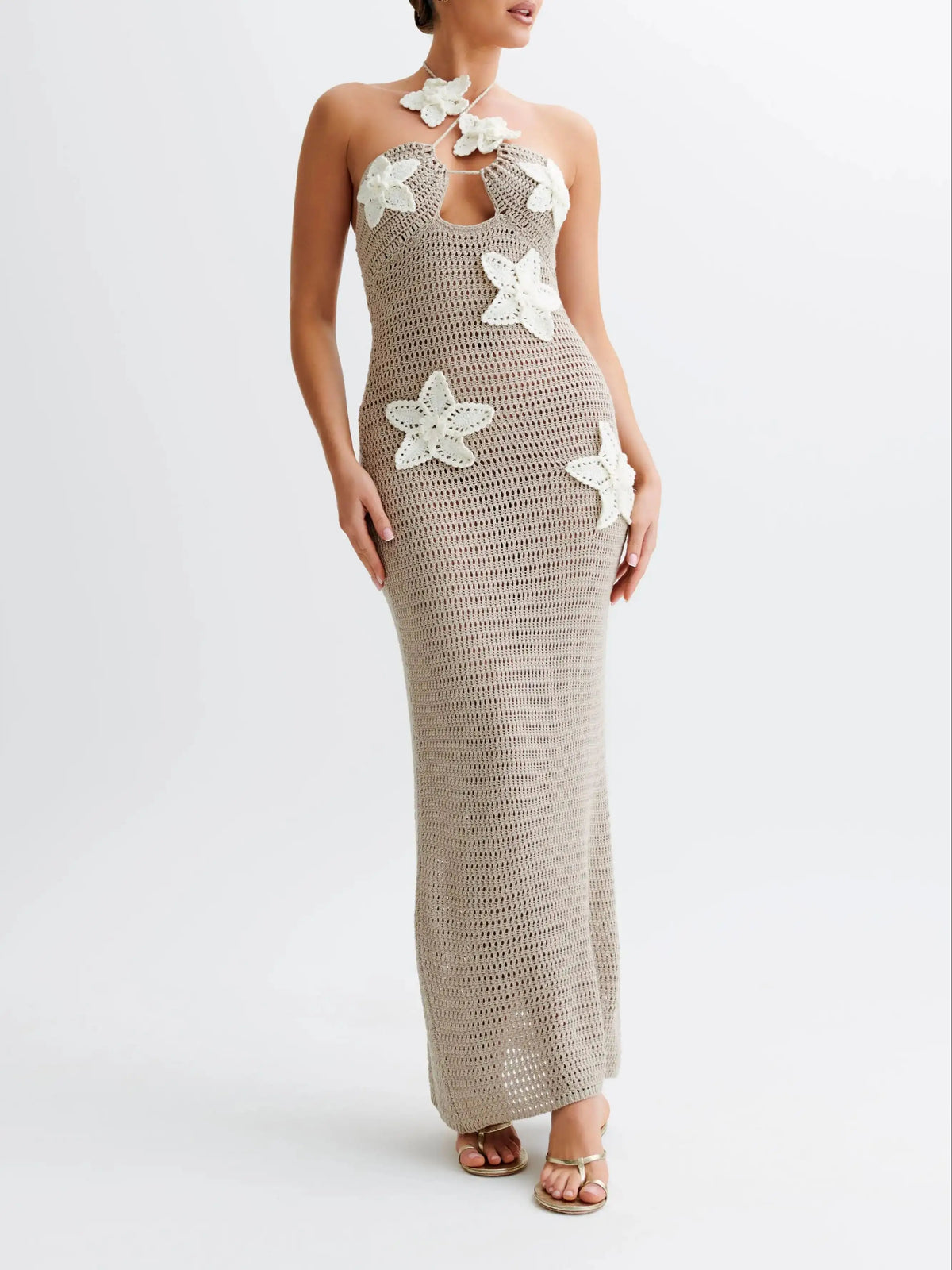 Abito lungo in maglia Abiti da festa estivi con fiori 3D da donna Copricostume elegante slim diviso maxi abiti da spiaggia per le vacanze