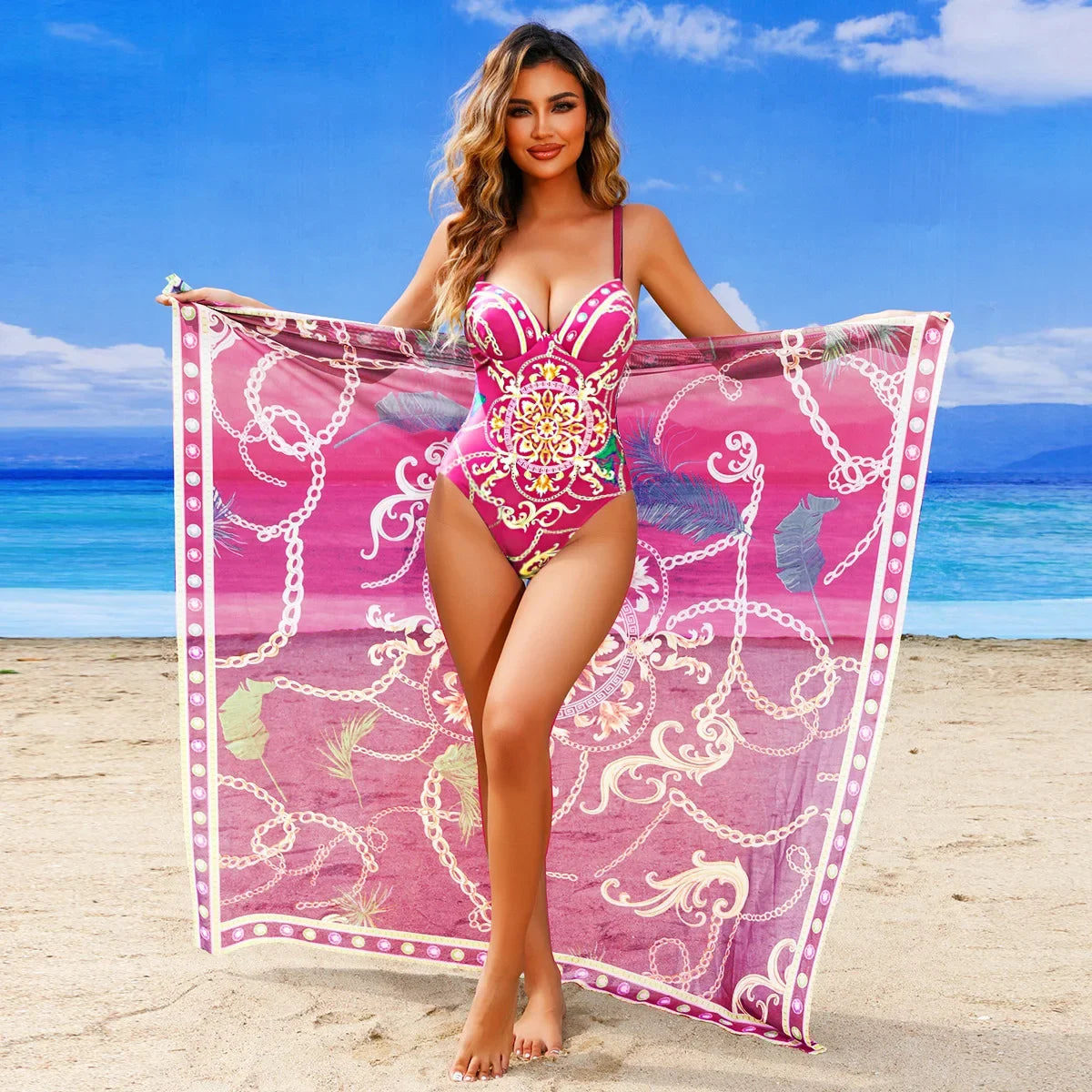 2025 New Underwire Women Sexy Swimsuit 2 Pieces Swimwear Slim Monokini Chains Print Push Up Bikinis Black Blue Green Beachwear