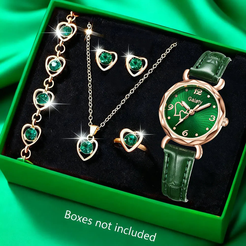 Montres de mode pour femmes, ensemble de bijoux avec strass en forme de cœur, bague, collier, boucles d'oreilles, montre-bracelet de luxe à quartz, montre simple et élégante, cadeau