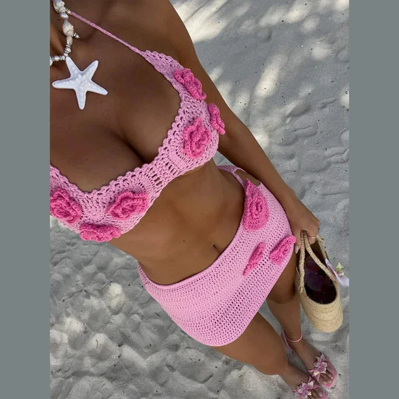 Sexy Strand-Strickoutfits Damen Häkelblumen Bikini Minirock-Sets Sommer 2025 Neckholder Ärmellos Rückenfrei Top Urlaubsanzüge