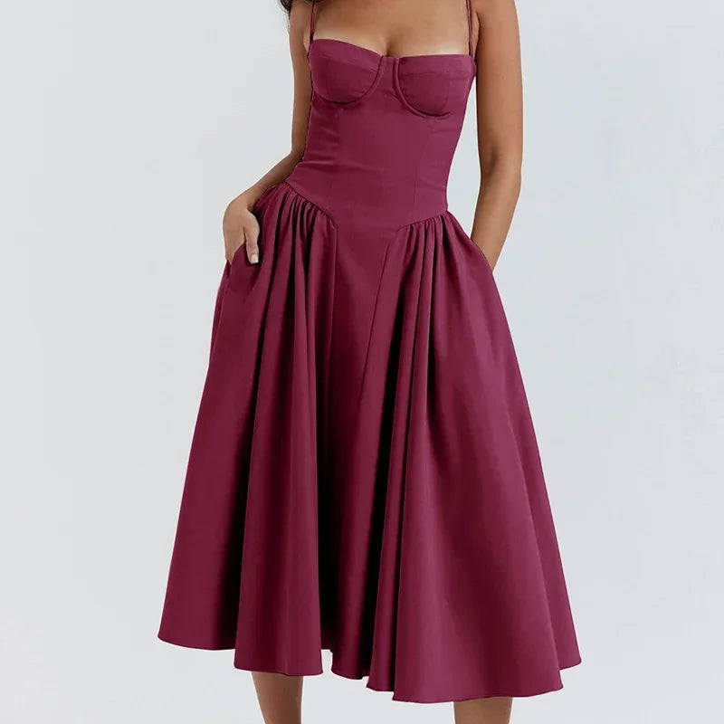Elegante abito longuette con cinturino per spaghetti da donna Party Slim A Line Solid Bretelle Abiti da donna Nuova moda primavera estate Abiti sexy