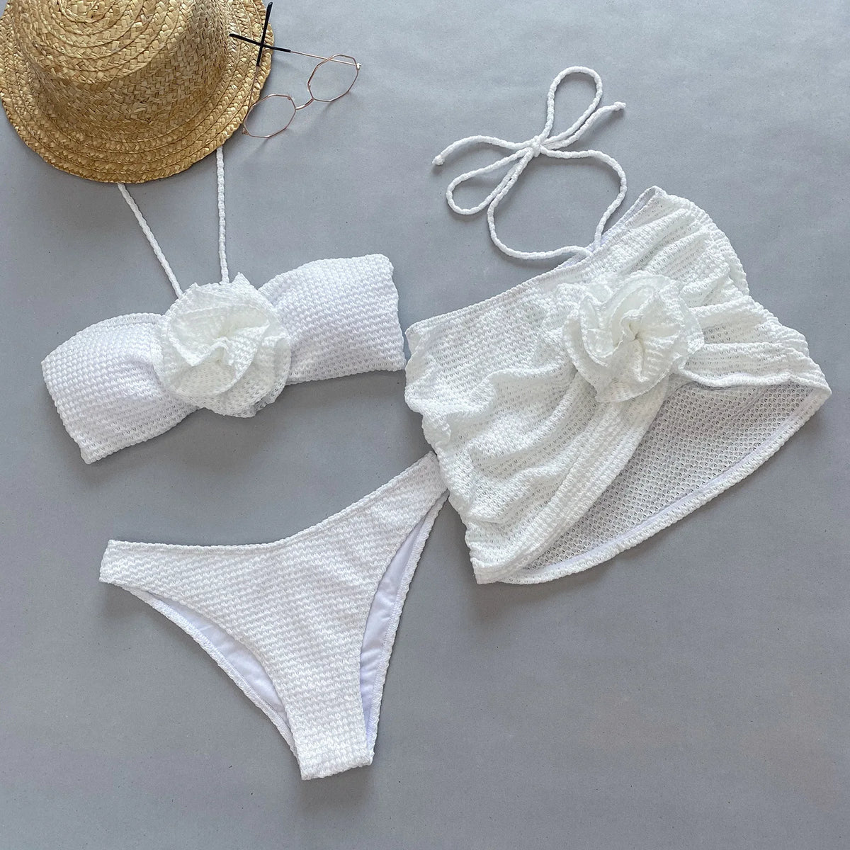 2025 Sexy Flowers Ensemble Bikini Trois Pièces Maillot De Bain Pour Femmes Bandage Uni Maillot De Bain Femme Maillot De Bain De Plage