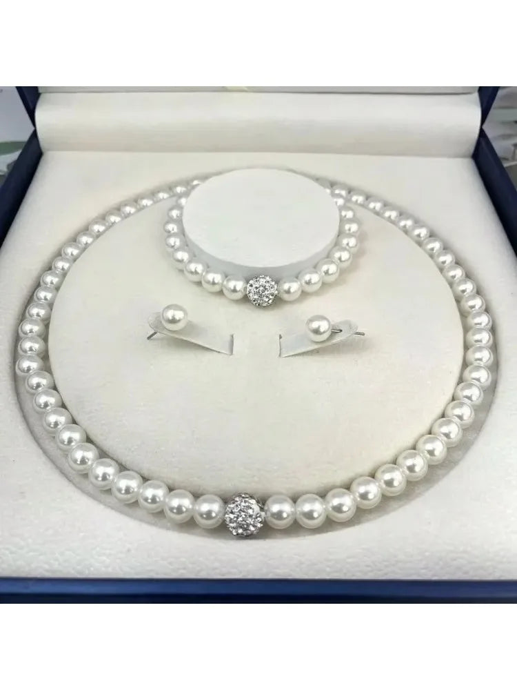 3 pezzi di perle finte palla di fuoco collana braccialetto orecchino set di gioielli con perno colore argento pietra di cristallo elegante regalo di gioielli da sposa