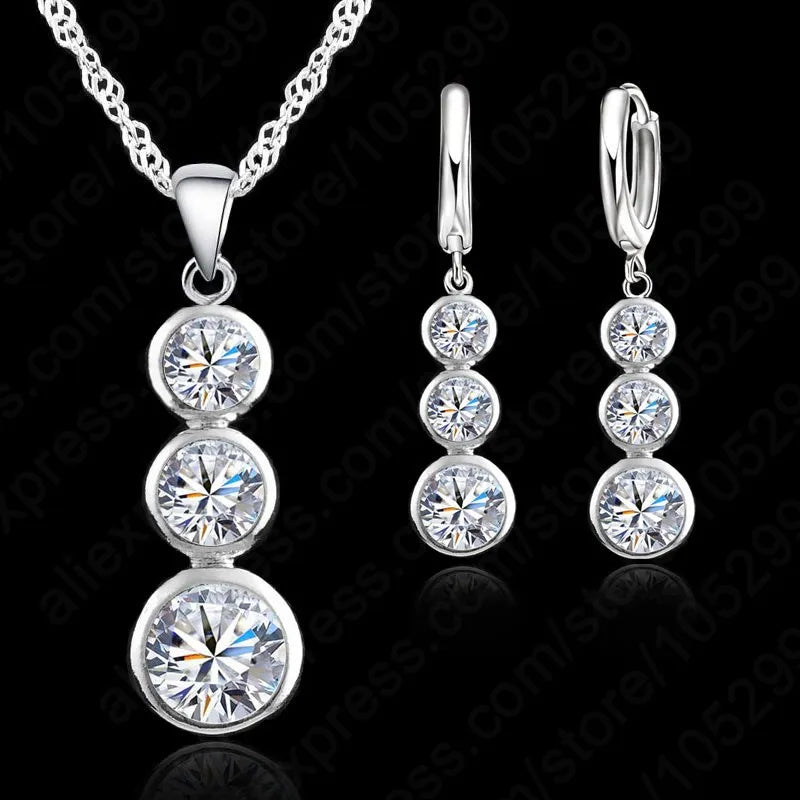 Damen Klassisches 925 Sterling Silber Brautschmuck Sets Anhänger Halsketten Ohrring Set für Hochzeit Verlobung Accessoire