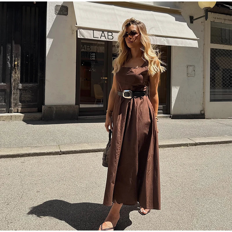 Cintura di moda Piega Abito lungo Donna Colletto quadrato Senza maniche Backless A-line Party Maxi Abiti 2025 Summer Office Lady Vestidos