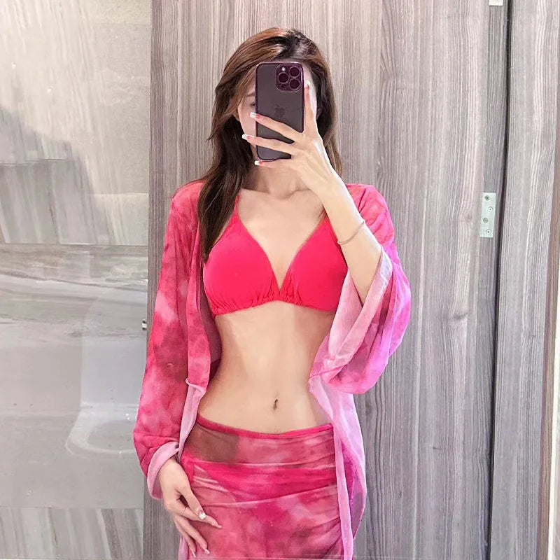 Ensemble bikini femme Tie Dye haut triangle dos nu, paréo à manches cloche, jupe froncée sur le côté, maillot de bain d'été sexy pour la plage