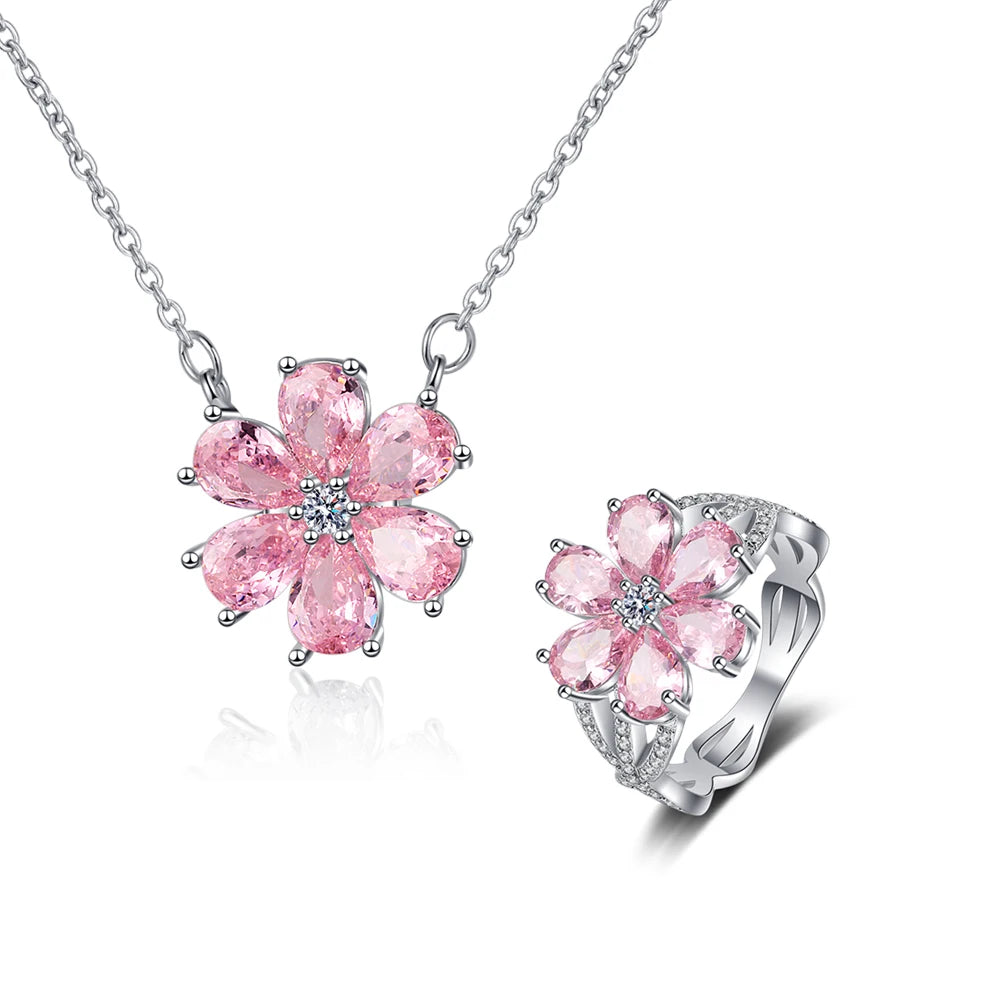 Parure de bijoux pour femmes bague de mariage à la mode zirconium rose cristal fleur pendentif bracelets boucles d'oreilles colliers bagues FCGJHW