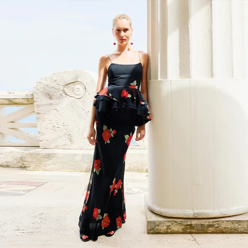 Ensembles jupe-top élégants imprimés à volants pour femme, débardeur sexy sans manches et sans dos, jupes longues 2025, tenues de plage pour femme