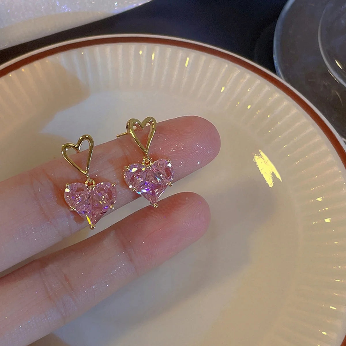 3 pezzi alla moda Y2k a forma di cuore zircone orecchini pendenti in cristallo rosa collane set per le donne cuore elegante squisito gioielli da festa