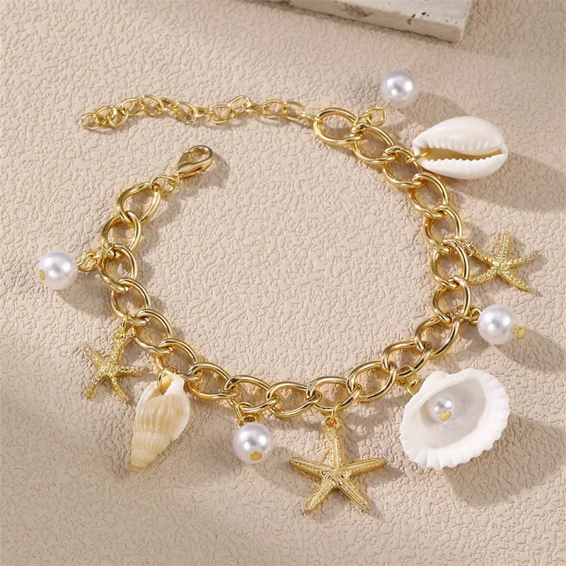 1 Stk. Küsten-Urlaubs-Schmuckset für Damen: Strandarmbänder & bunte Muschelkette, Sommergeschenk