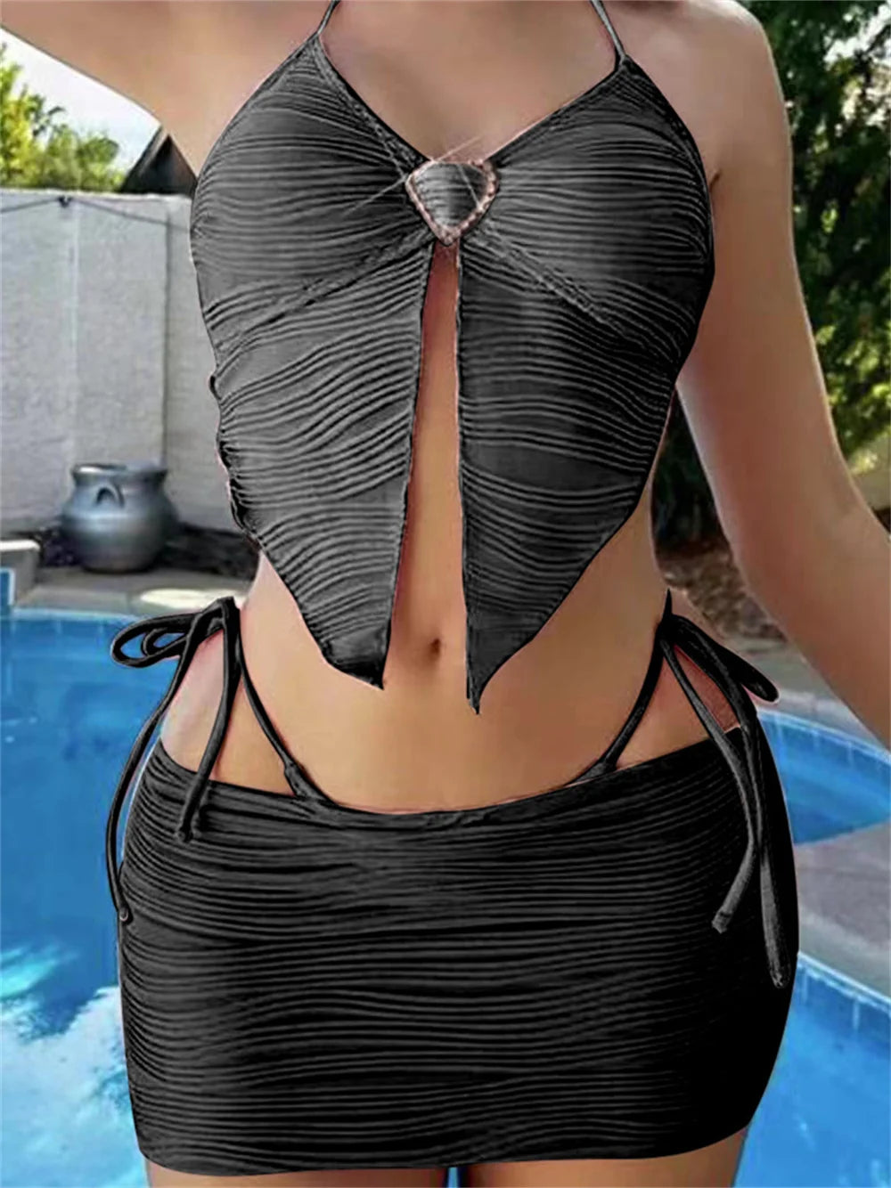 Micro String Extreme Bikini Rosa Y2K Strass Cuore Costume da bagno Tanga Gonna a costine Donna Costumi da bagno Beach Outfit Costume da bagno Biquinis