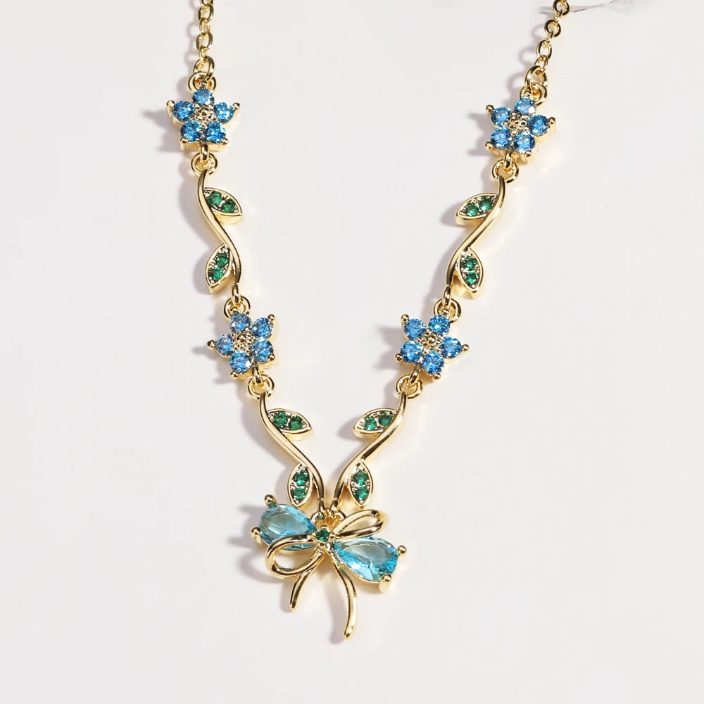 Nouvel été Mode Exquis Nœud Feuille Fleur Collier pour Femme Élégant Rose Zircon Pendentif Chaîne Bijoux Cadeaux