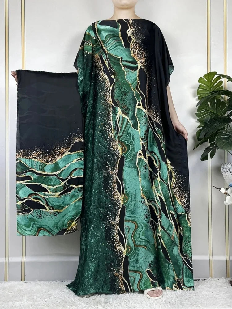 Di lusso Morbido Stampa Musulmana Abaya Donne Maniche Corte Imitato Raso di Seta Abito Lungo Allentato Femme Robe Islam Abiti Con Hijab