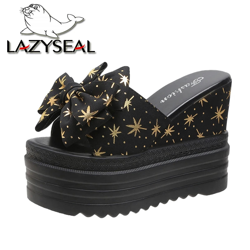 LazySeal 12 cm Super High Women Slides Sandalo Farfalla Nodo Dec Scarpe da sposa da donna Modello foglia d'acero Nuova piattaforma Scarpe estive
