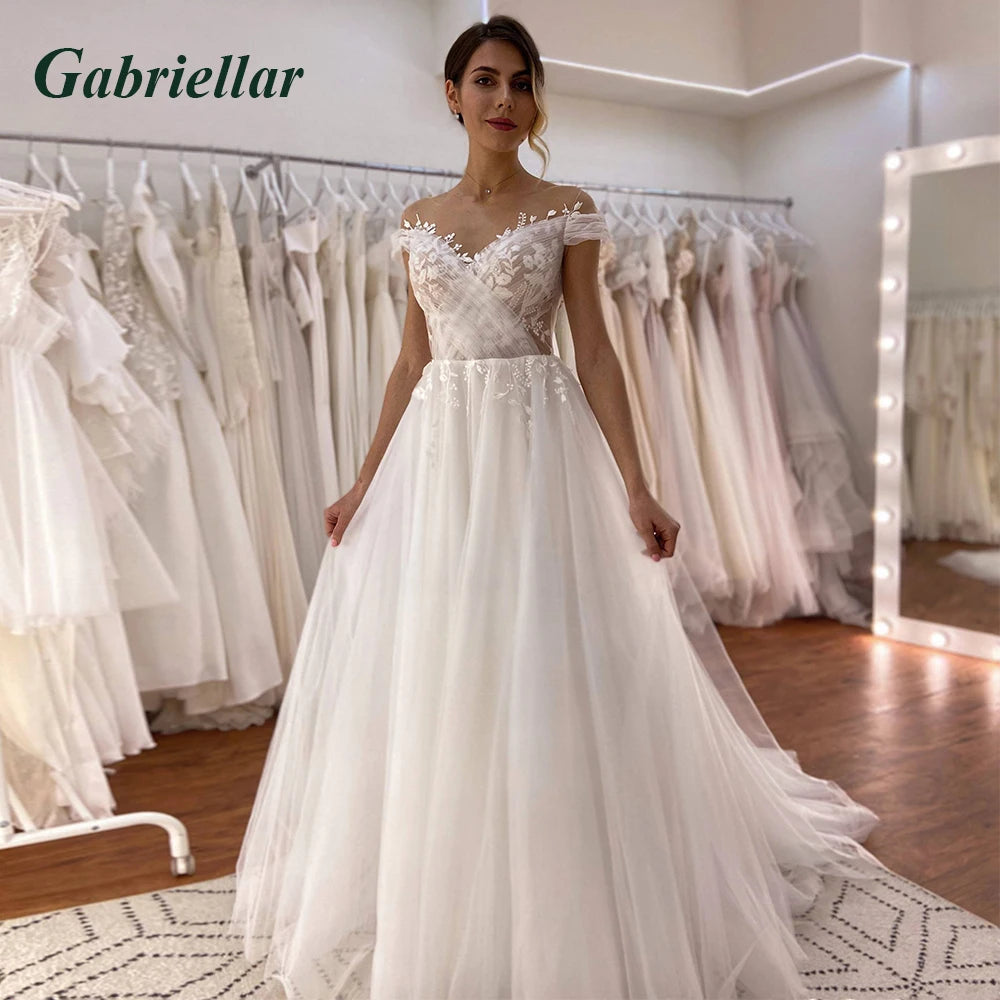 Gabriellar eleganti abiti da sposa a sirena per le spose scollo a V applicazioni tulle volant pieghe al largo della spalla personalizzati