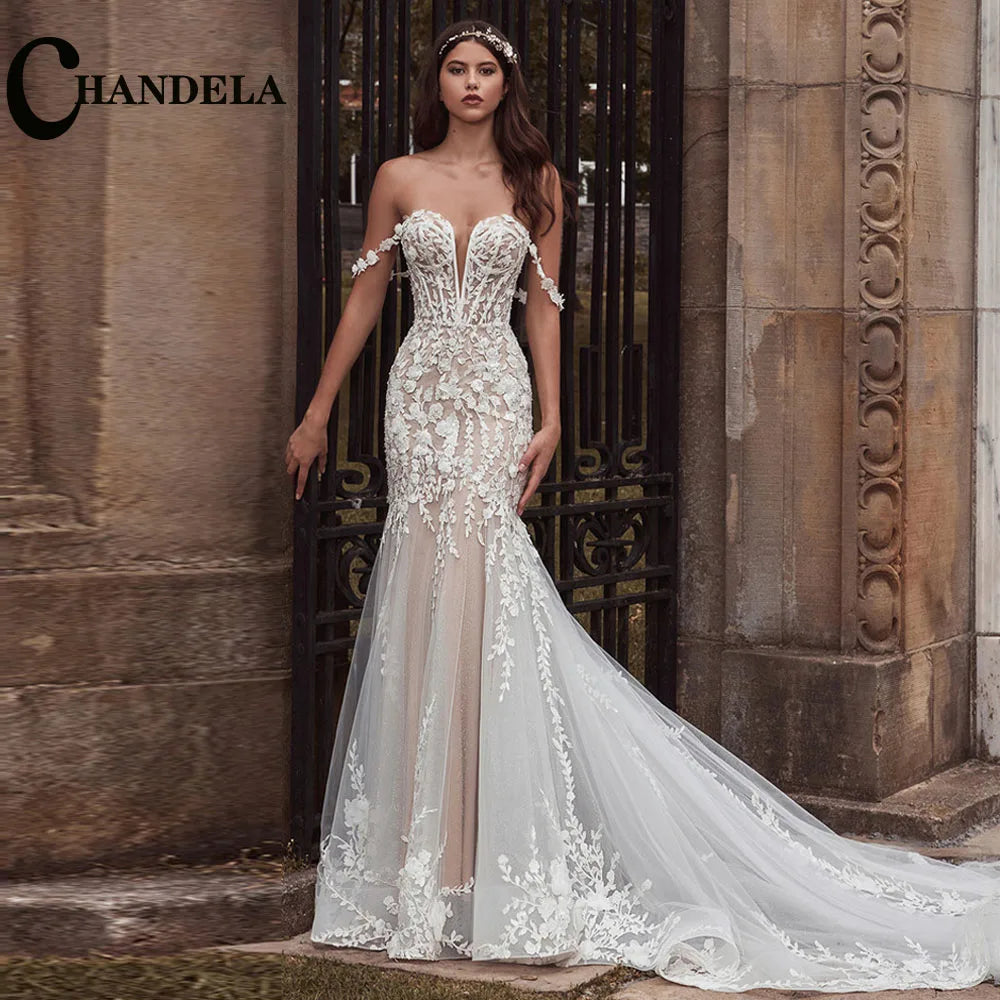 CHANDELA Abiti da sposa a tromba alla moda per le donne Sposa Applicazioni in pizzo con spalle scoperte Allacciatura Sweep Train Personalizzato