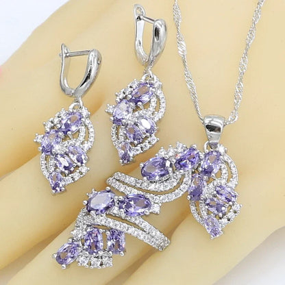 Parures de bijoux de Dubaï pour femmes, mariage, améthyste violette, collier, pendentif, boucles d'oreilles, bague, bracelet, coffret cadeau
