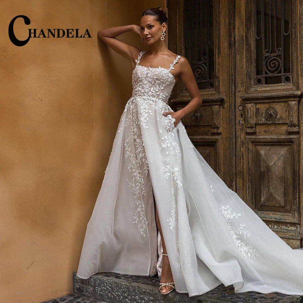 CHANDELA Abiti da sposa a tromba alla moda per le donne Sposa Applicazioni in pizzo con spalle scoperte Allacciatura Sweep Train Personalizzato