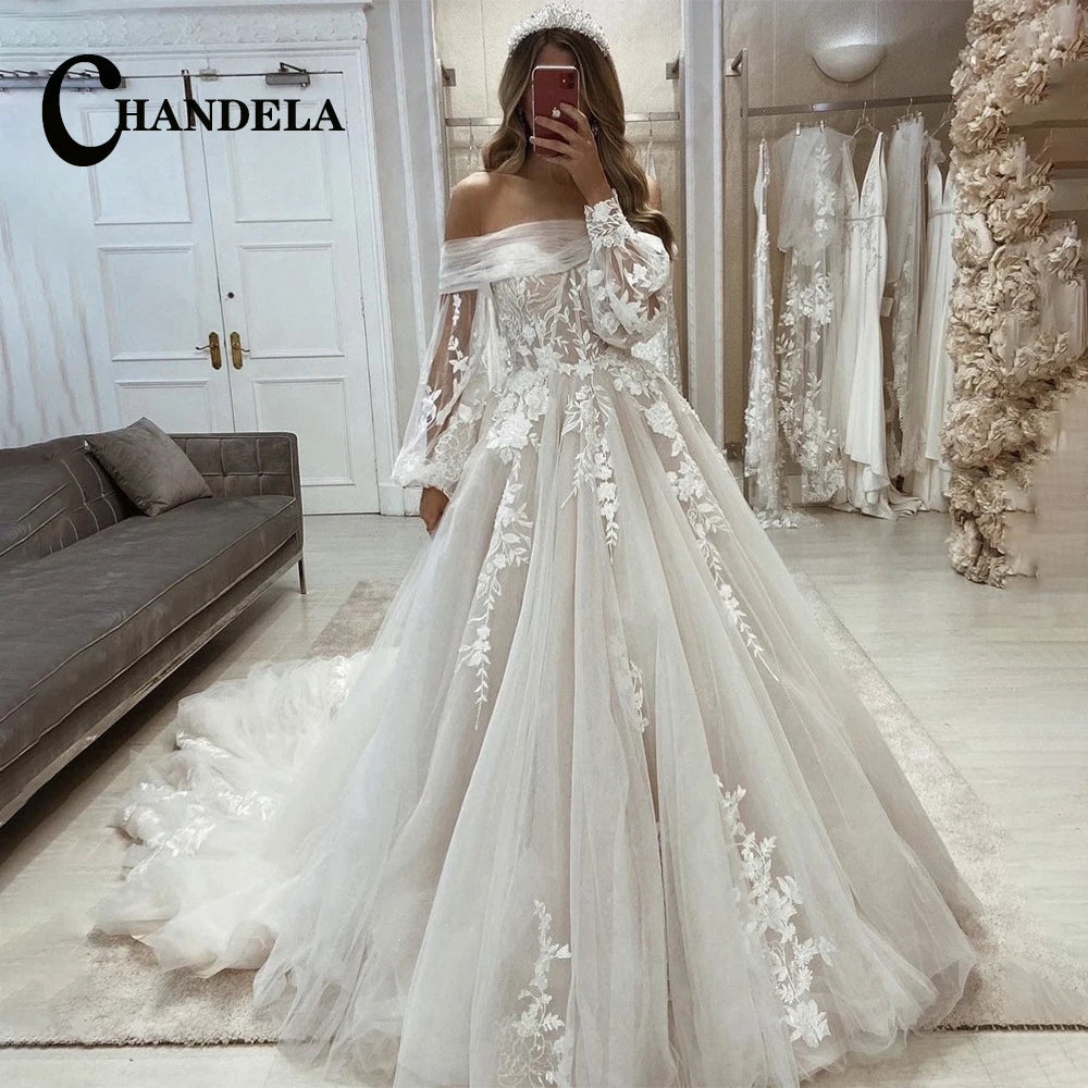 CHANDELA Abiti da sposa a tromba alla moda per le donne Sposa Applicazioni in pizzo con spalle scoperte Allacciatura Sweep Train Personalizzato