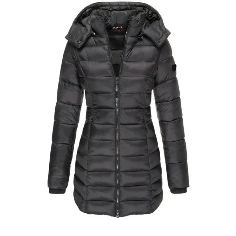 Inverno Addensare Caldo Parka da donna Cerniere in tinta unita Cappotti Manica lunga Imbottito Puff Giacca di media lunghezza Sottile Felpa con cappuccio femminile Parka