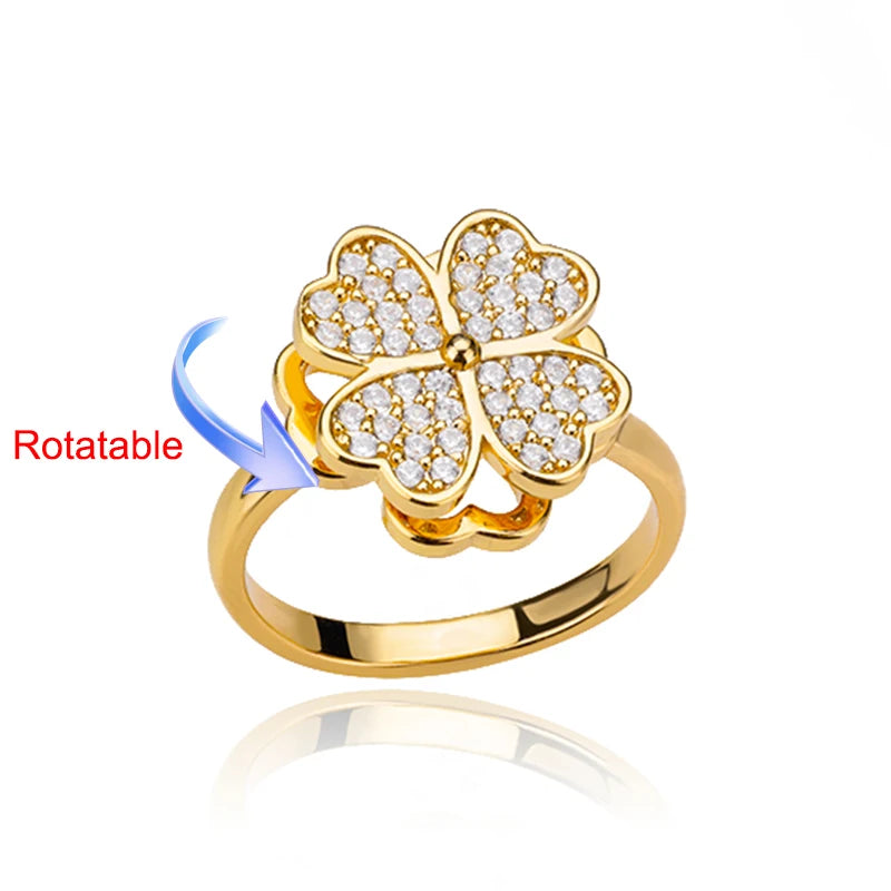 Anelli di ansia rotanti a quattro trifogli per le donne Anello nuziale regolabile in acciaio inossidabile color oro Anelli regalo di gioielli estetici