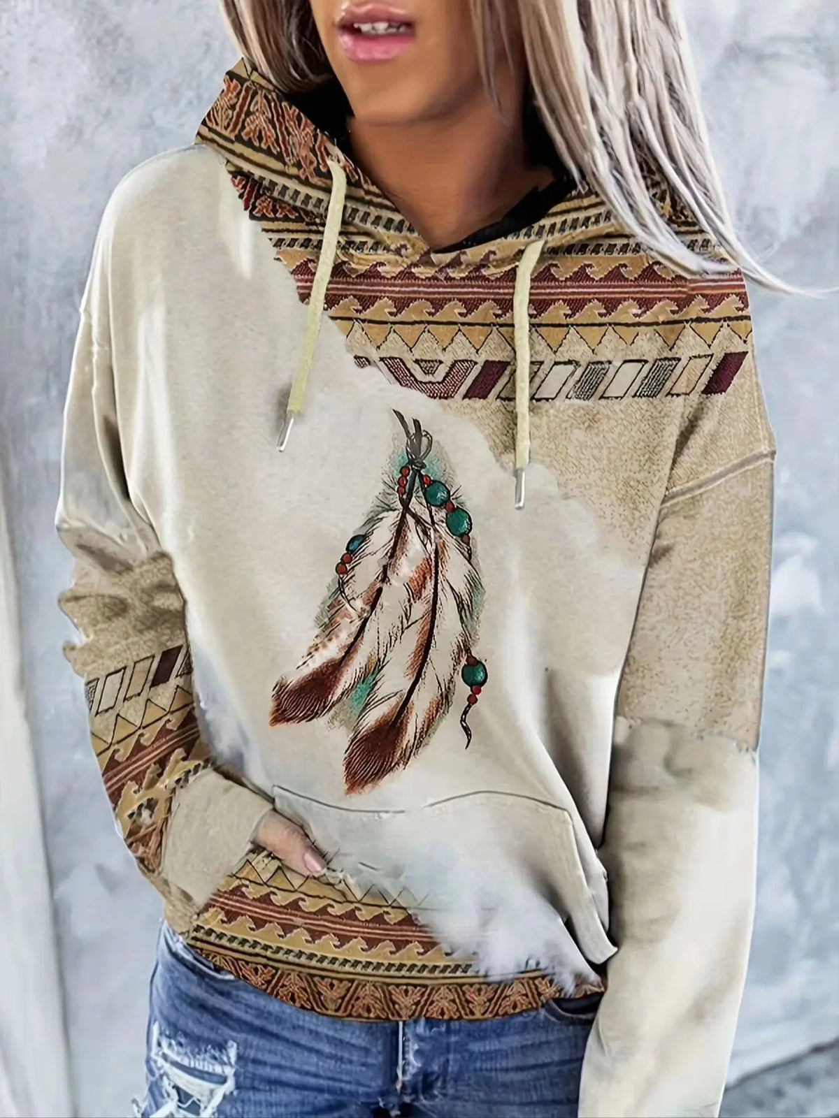 Felpa pullover girocollo moda casual da donna Felpa con cappuccio stampata retrò stile etnico occidentale