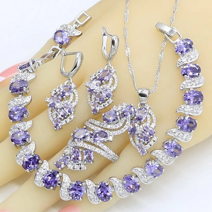 Parures de bijoux de Dubaï pour femmes, mariage, améthyste violette, collier, pendentif, boucles d'oreilles, bague, bracelet, coffret cadeau